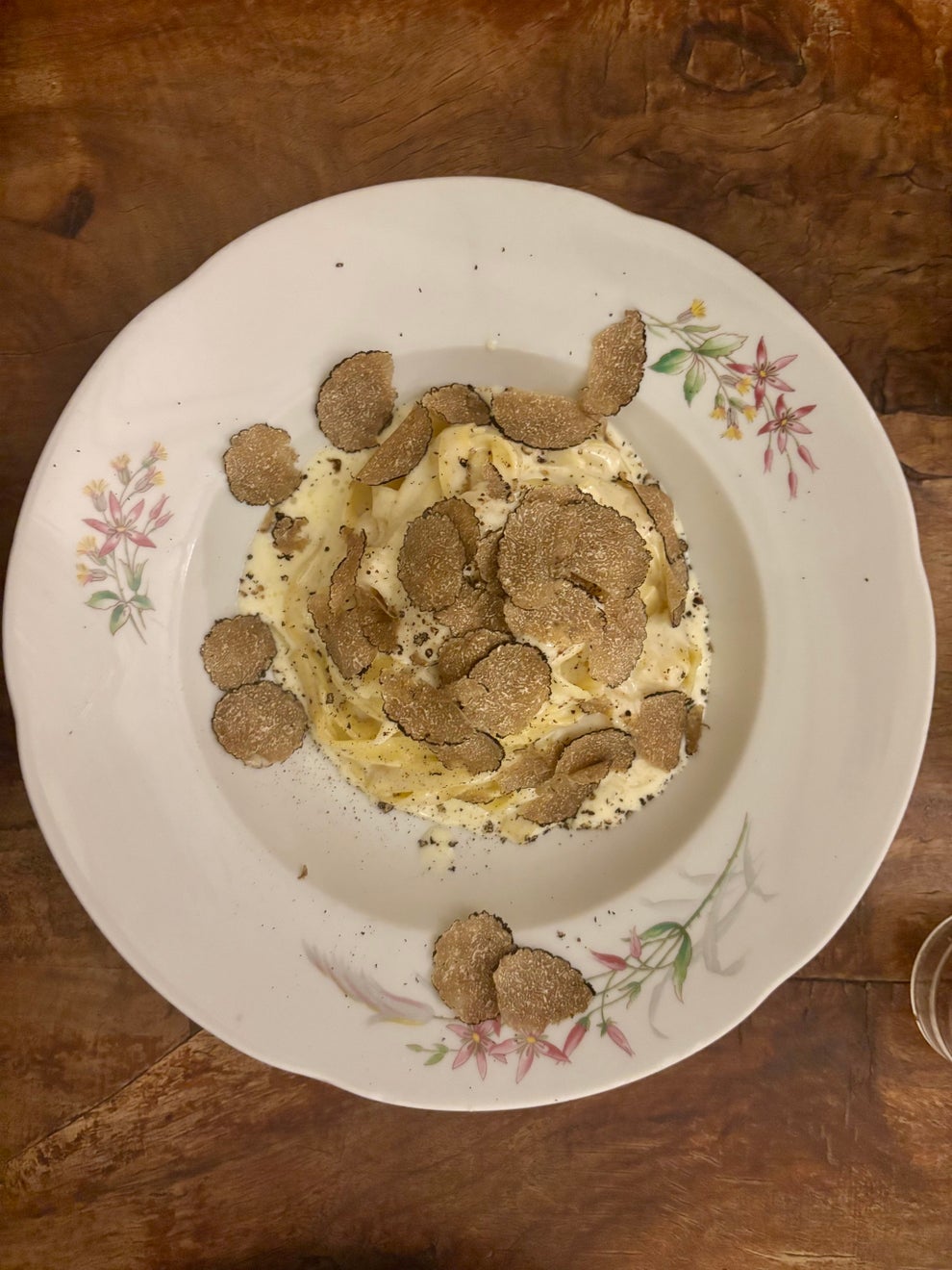 A plate of pasta topped with creamy sauce and sliced truffles, served on a floral-patterned dish