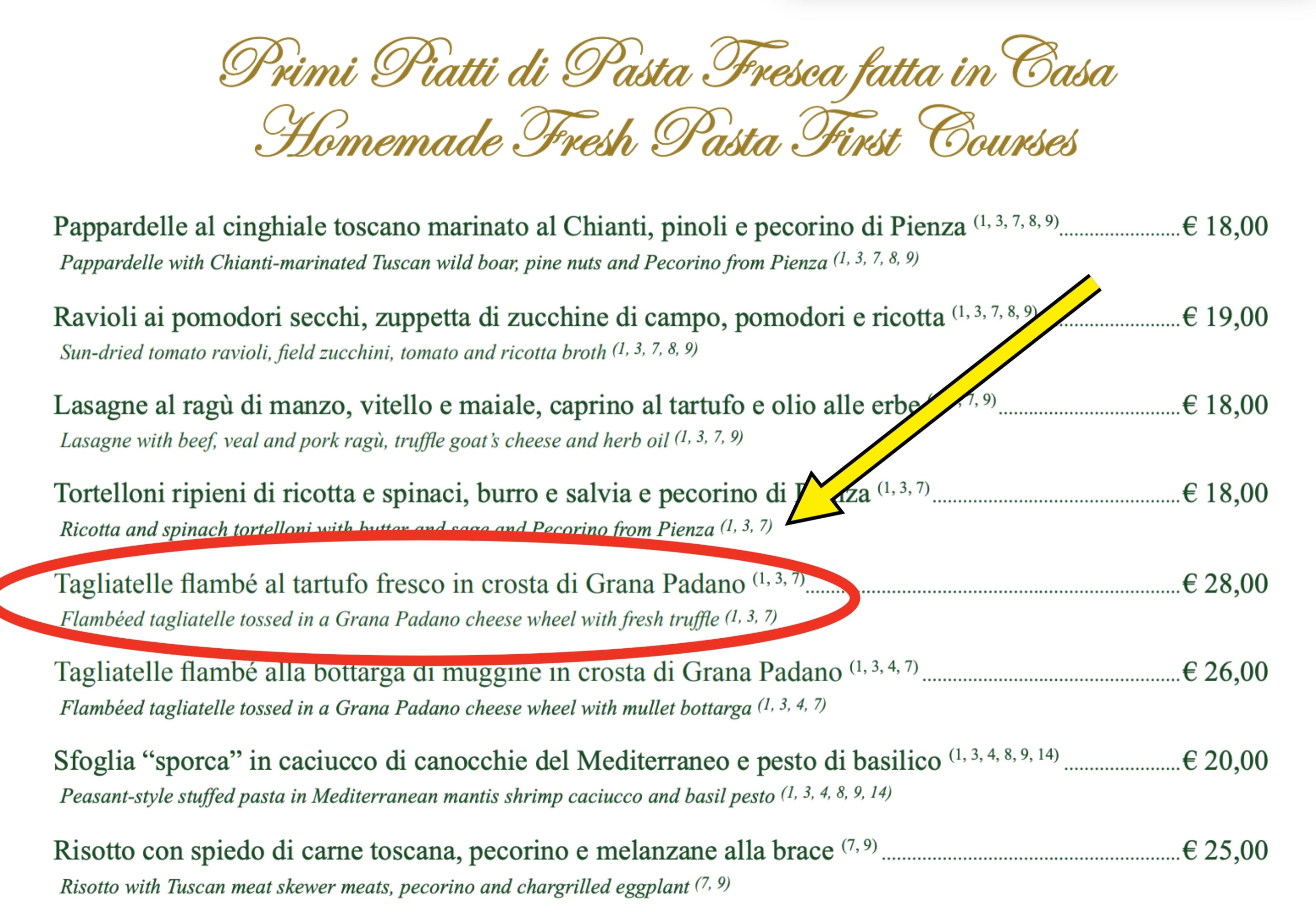 Menu with pasta dishes, each featuring ingredients like wild boar, truffle, and ricotta. Prices range from €12,00 to €20,00
