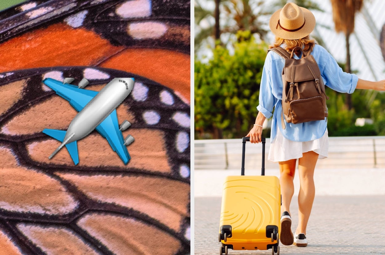 Woman in casual summer outfit with a backpack walks with a yellow suitcase in a travel-themed collage