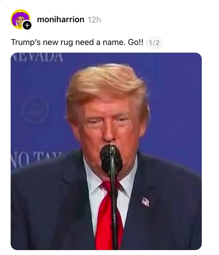 A person at a podium during an event, wearing a suit and tie. Social media comment above suggests naming their hairpiece