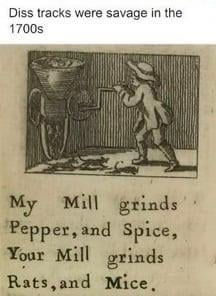 An old illustration shows a person using a mill. Caption humorously compares mill output: pepper and spice vs. rats and mice