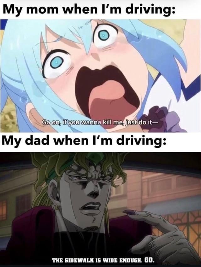 Split image meme: Top, animated character panicking with text "Go on, if you wanna kill me, just do it-". Bottom, character confidently saying, "The sidewalk is wide enough. Go."