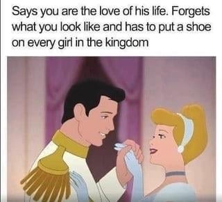 Cinderella and a prince hold hands. Text humorously critiques the storyline, noting his memory lapse in identifying her by shoe size