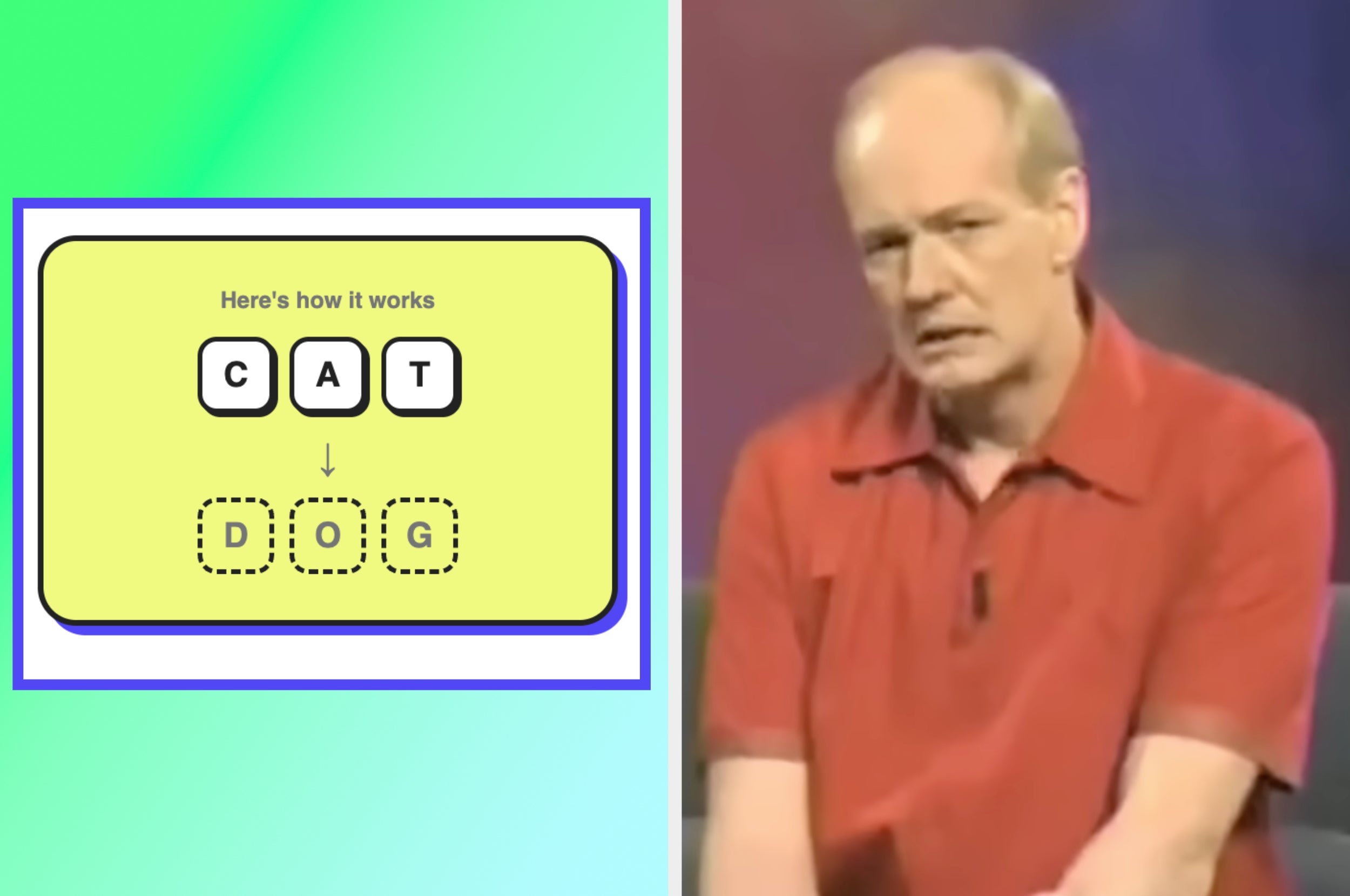 Man in red shirt, likely a game show host, next to a graphic showing a word puzzle transforming "CAT" into "DOG."