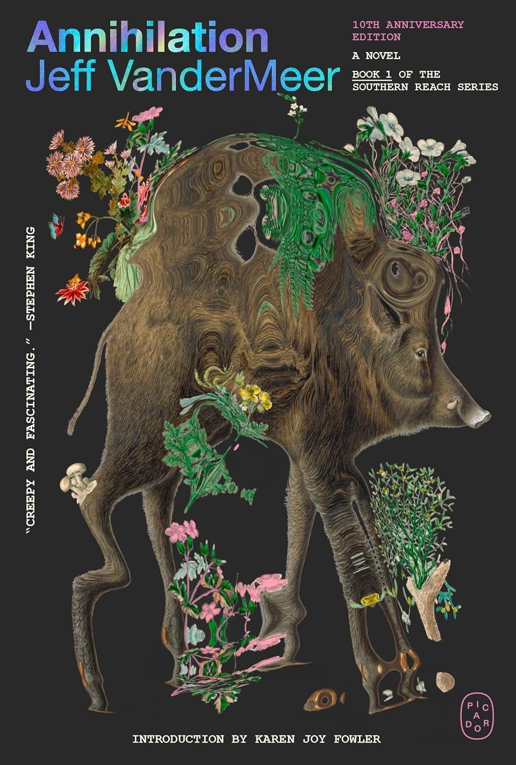 Book cover of "Annihilation" by Jeff VanderMeer, featuring intricate floral and animal designs, with a quote by Stephen King praising the novel
