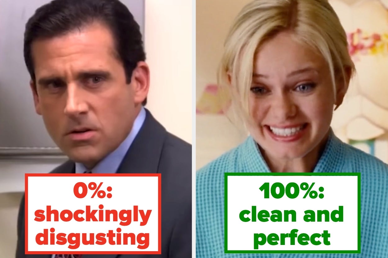 Two side-by-side images: left shows a concerned man with text "0%: shockingly disgusting," right shows a smiling woman with text "100%: clean and perfect."