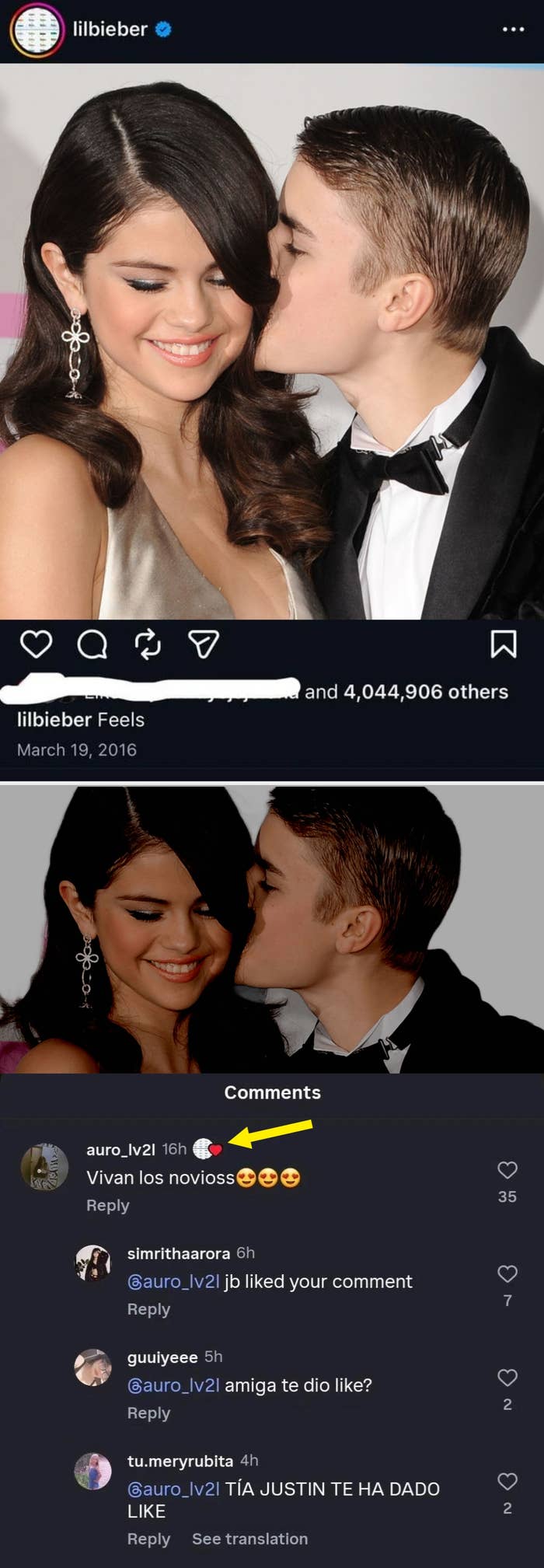 Two people are kissing in the background. Comments mention "jb" liking a post and refer to "novios," suggesting a couple