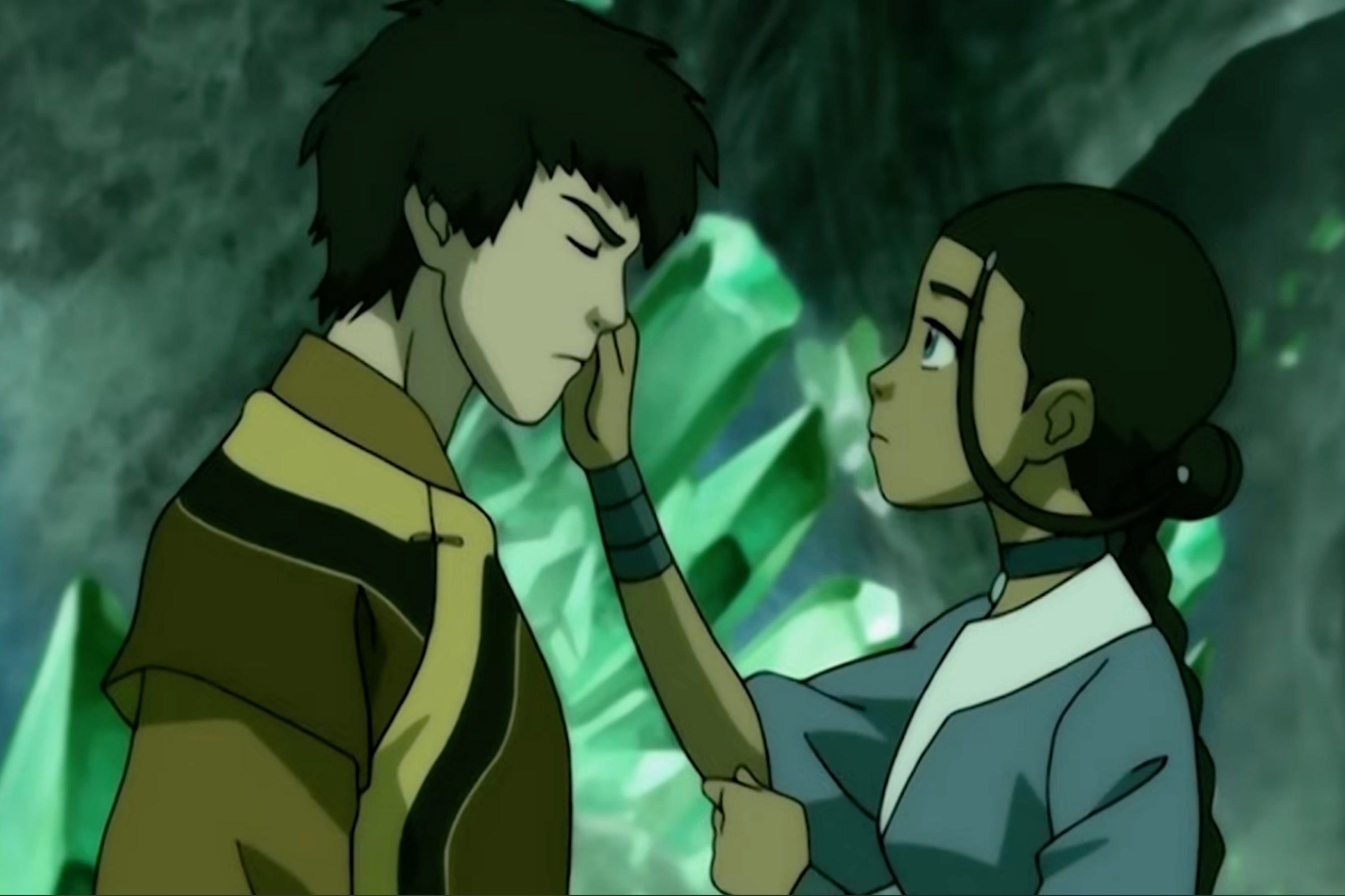 In "Avatar: The Last Airbender," animated character Katara gently touches animated character Zuko's face in an emotional moment