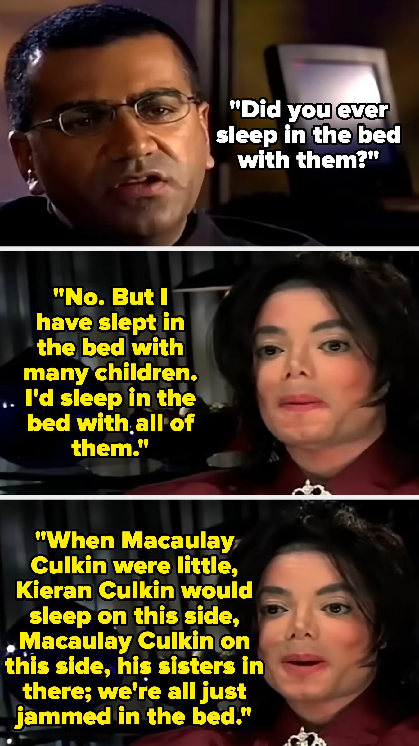 Three images with a conversation: A person asks about sleeping arrangements, another discusses sleeping with children, including Macaulay Culkin