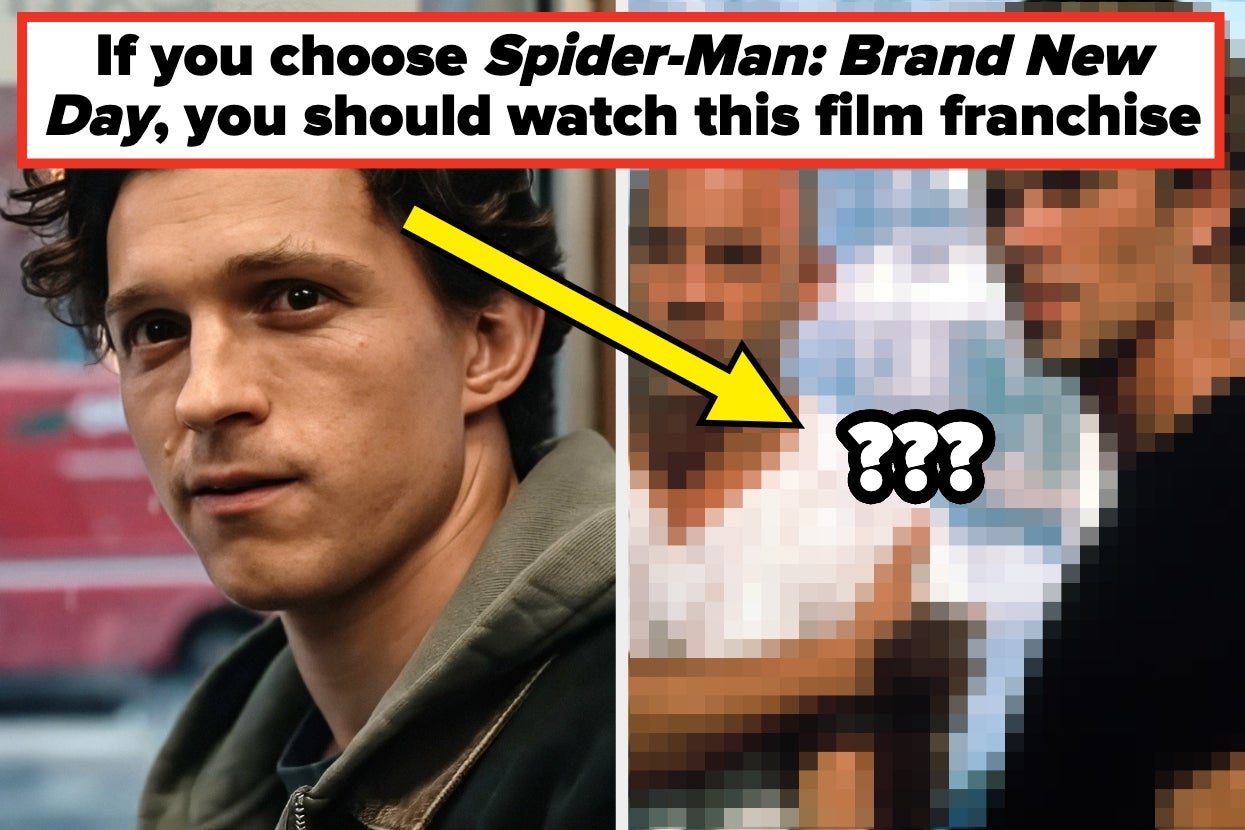 Split image with an actor on left and pixelated movie scene on right; text suggests a film recommendation