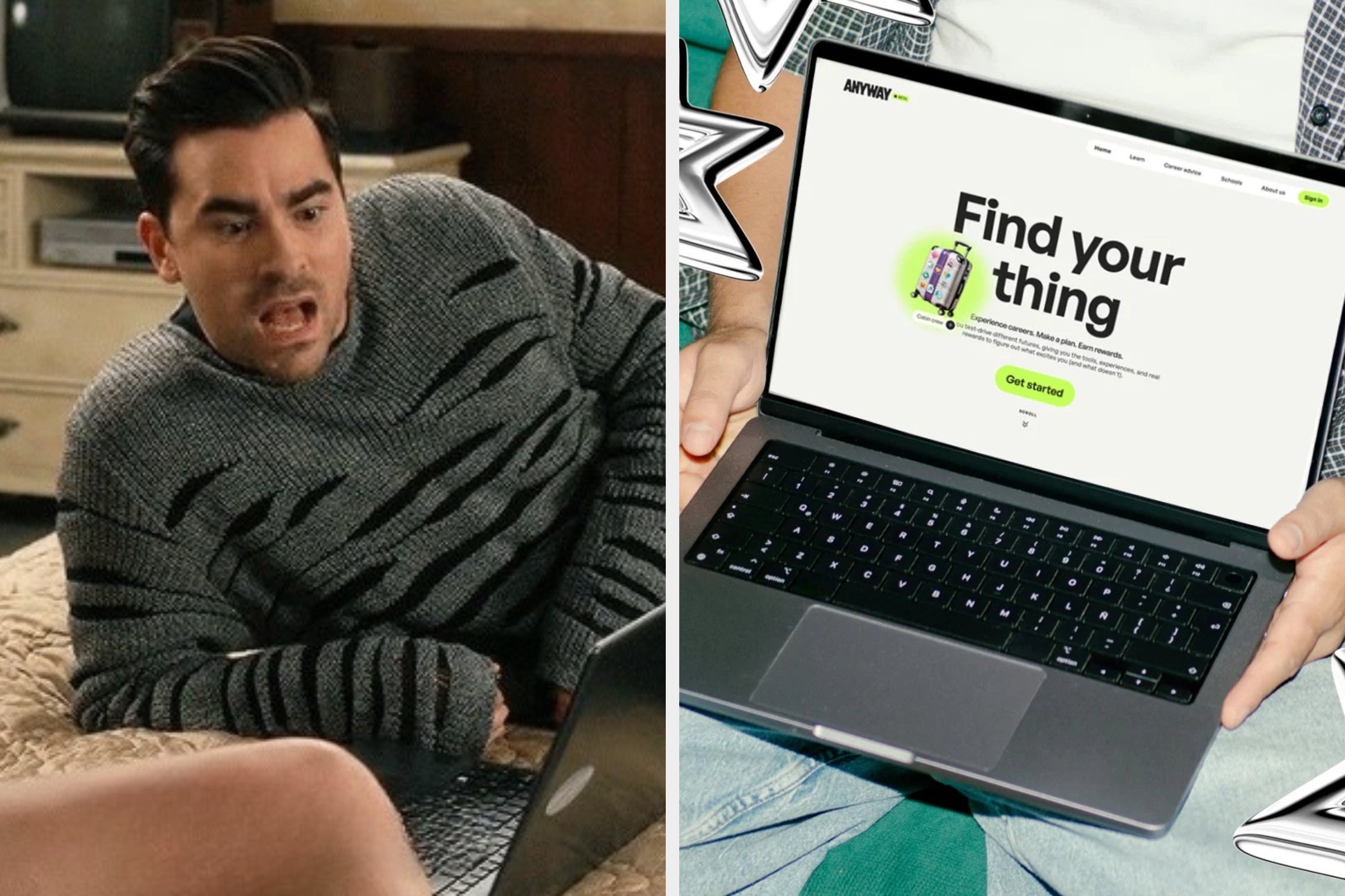 A person holds a laptop displaying a webpage with the headline "Find your thing" and a button labeled "Get started."