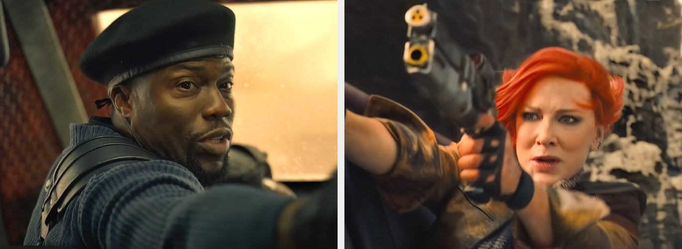 Split image of Kevin Hart wearing a beret while driving, and Cate Blanchett with orange hair aiming a gun