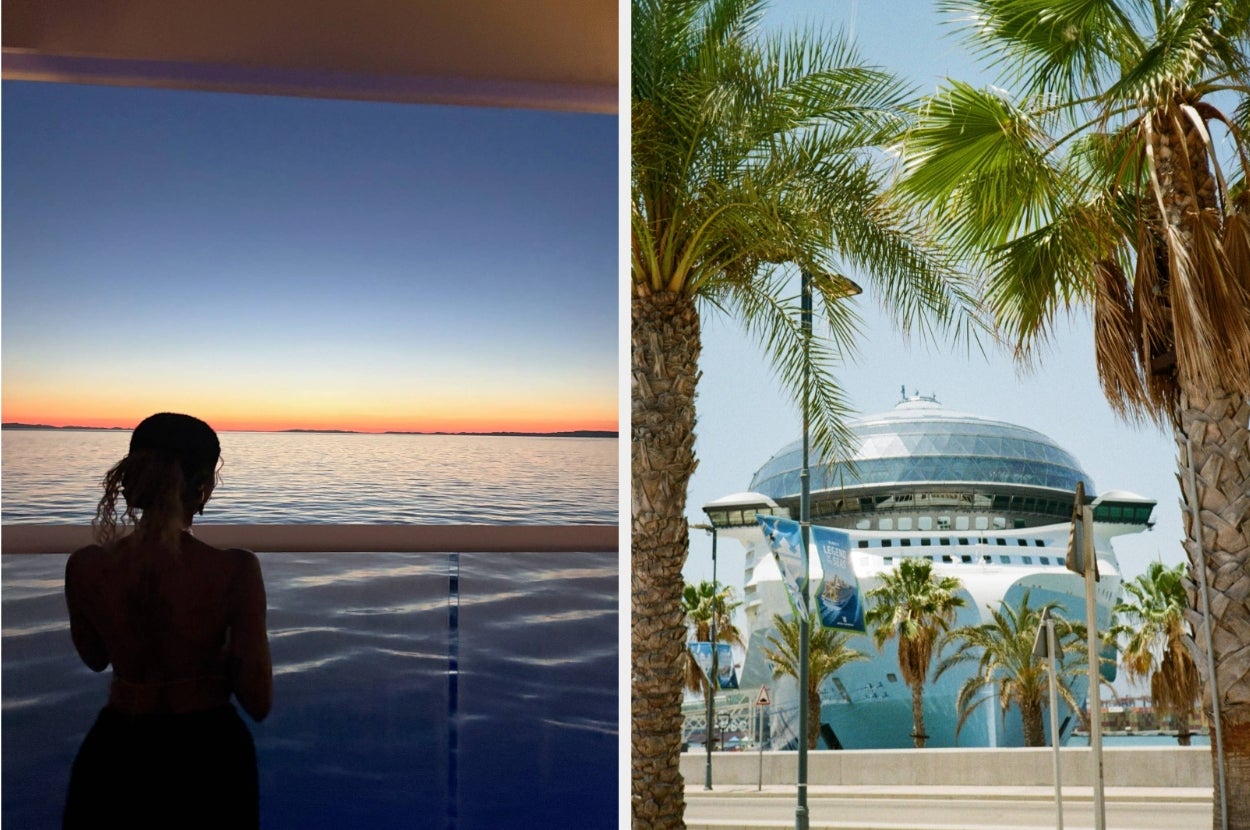 Silhouette of a person looking at an ocean sunset; futuristic building with palm trees
