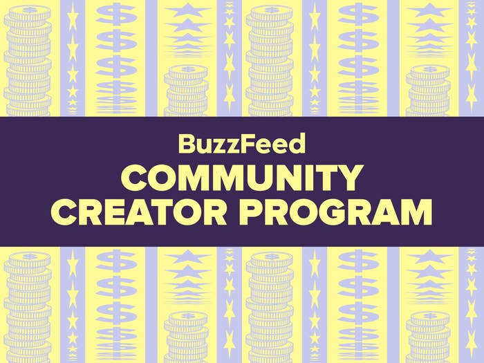 BuzzFeed Community Creator Program announcement with stylized background of coins and stars