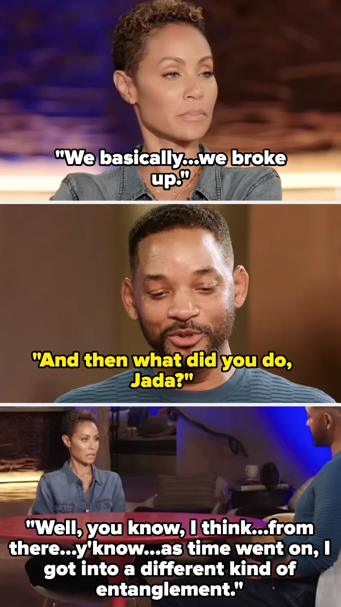 Three-panel interview meme with two people discussing a breakup and a subsequent entanglement