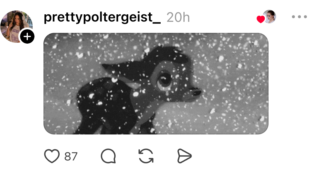 Cartoon deer in a snowy scene, captured from a social media post with user interactions visible below