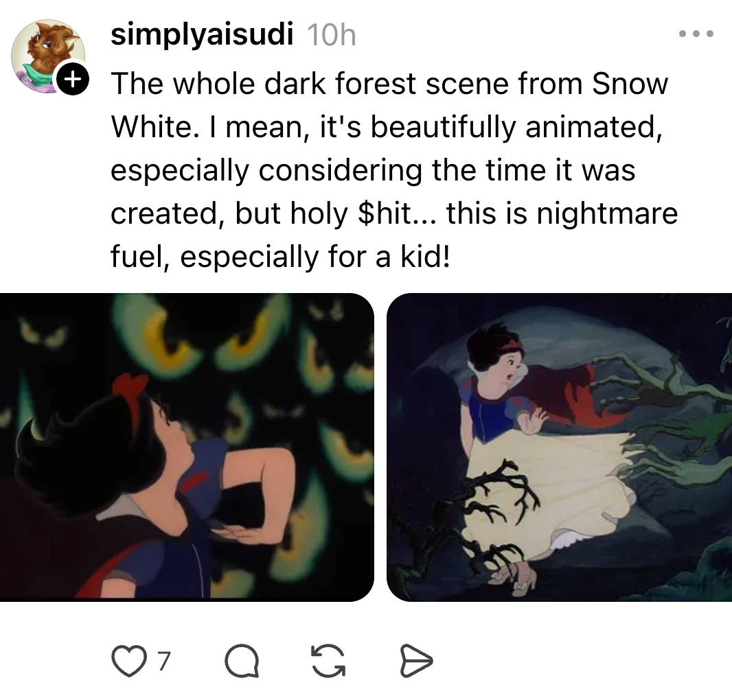 Two animated scenes from "Snow White" show a dark forest with Snow White running, surrounded by ominous trees and glowing eyes. Viewer comments on scariness