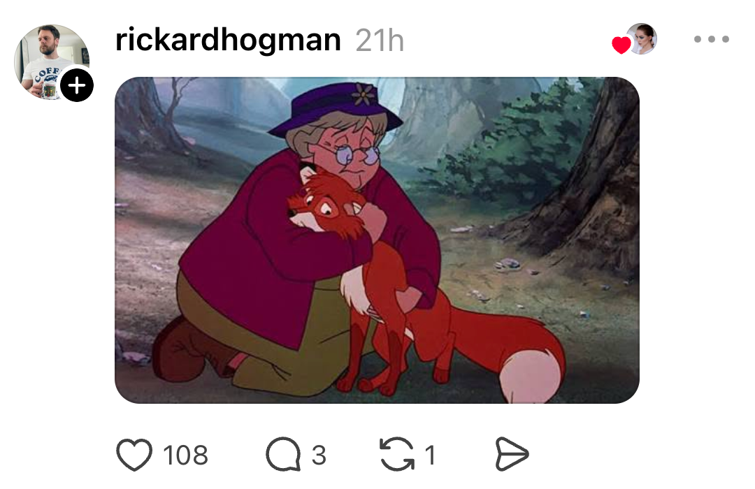 Animated elderly woman hugs a young fox affectionately in a forest setting