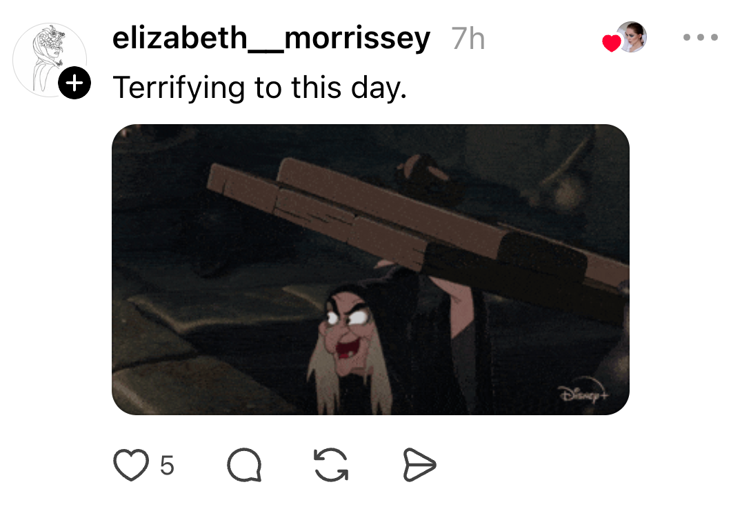 Animated character with a sinister expression, holding a wooden structure over their head. Caption reads, "Terrifying to this day."