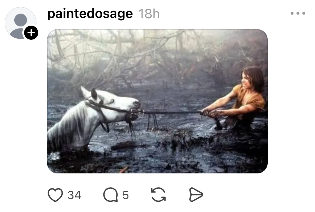 Scene from a swamp: a young person struggles to pull a white horse to safety using reins