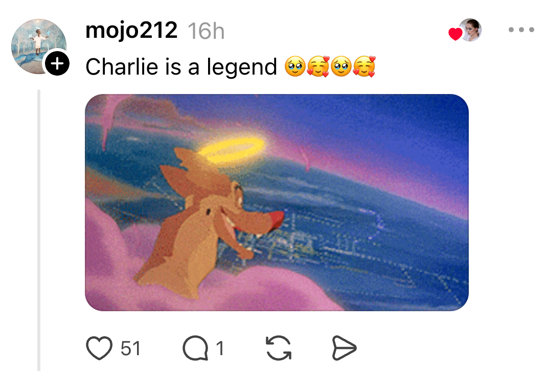 A cartoon dog with a halo floats in the sky, appearing happy. Social media post text reads: "Charlie is a legend."