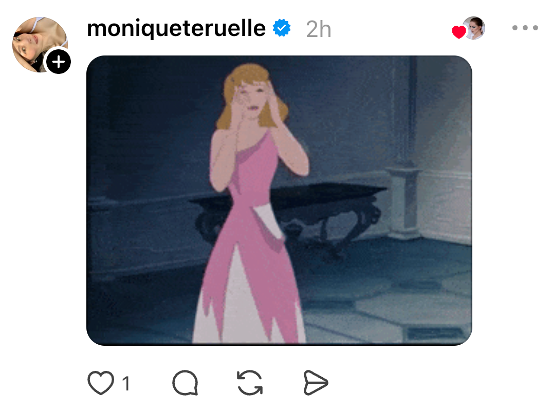 Animated character wearing a pink gown, covering her ears, appears surprised or concerned. Social media post by user "moniquetruelle."