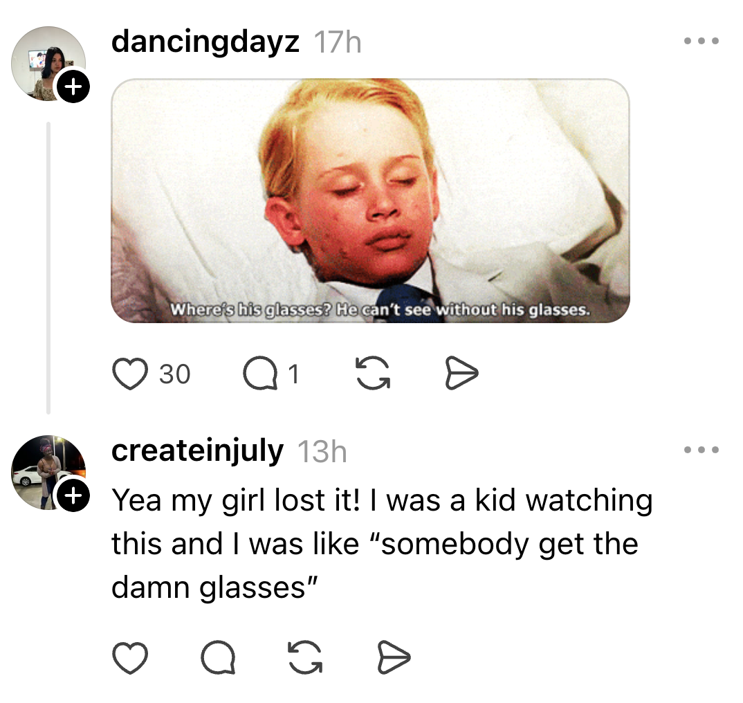 A young child in a movie scene with eyes closed. Text: "Where's his glasses? He can't see without his glasses." Social media comments below