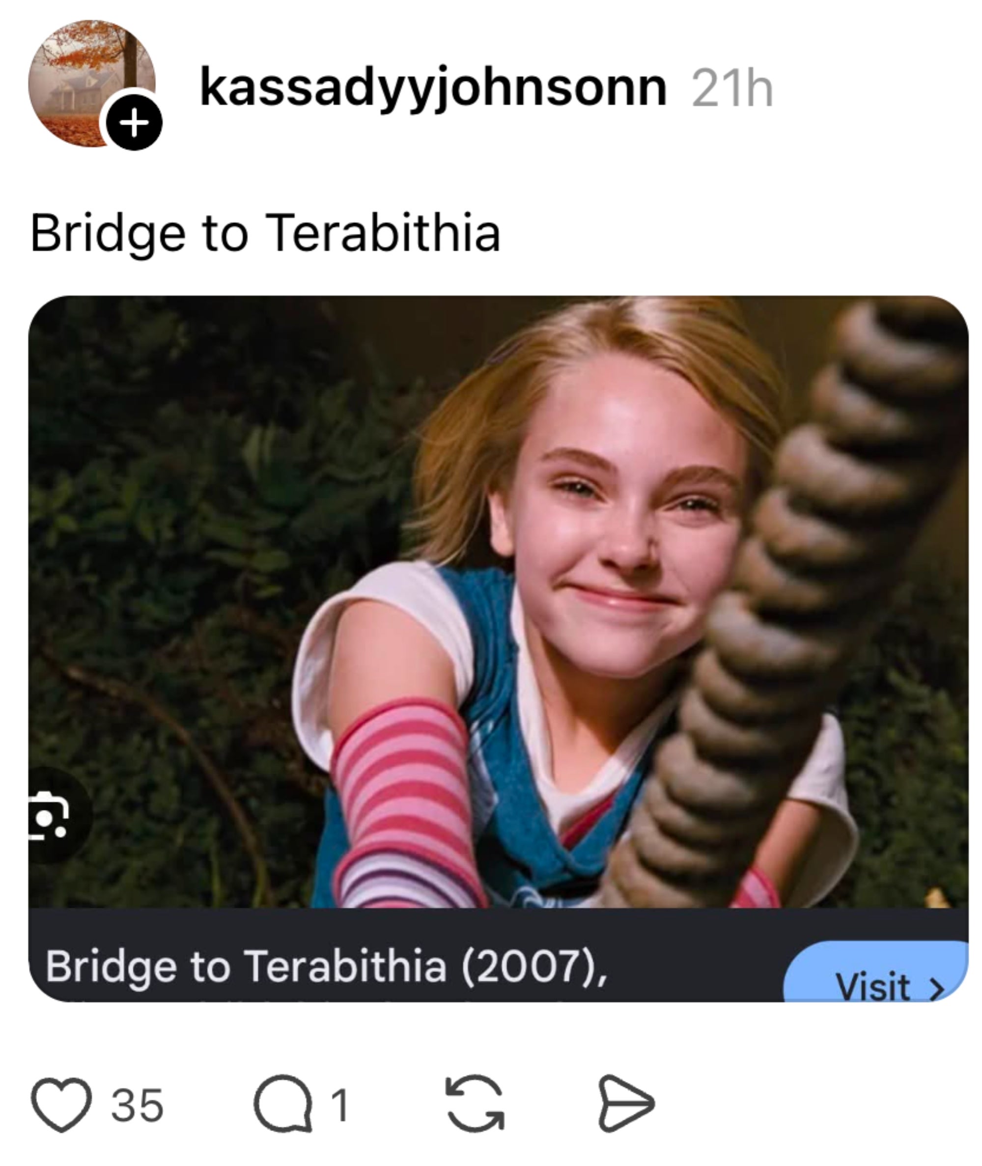 A young girl smiles while holding a rope swing, referencing a scene from "Bridge to Terabithia."