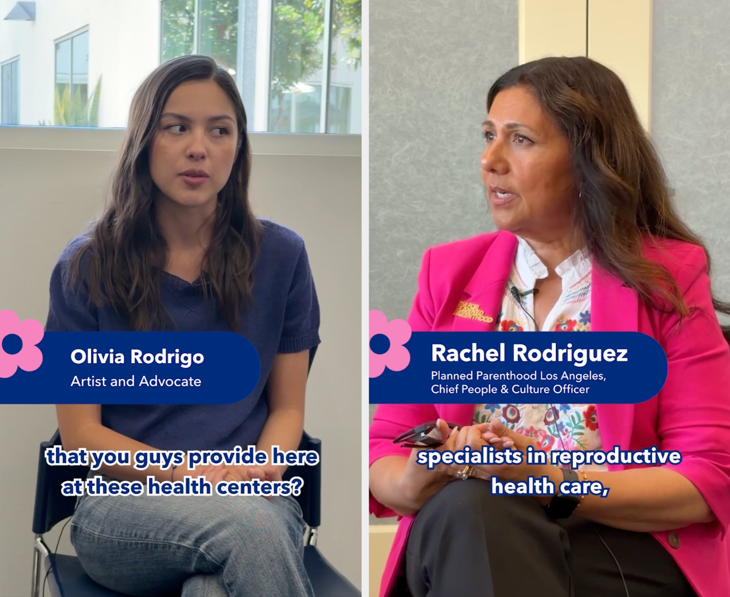 A woman, seated, speaks in an interview setting. Text on image mentions her role as an artist and advocate