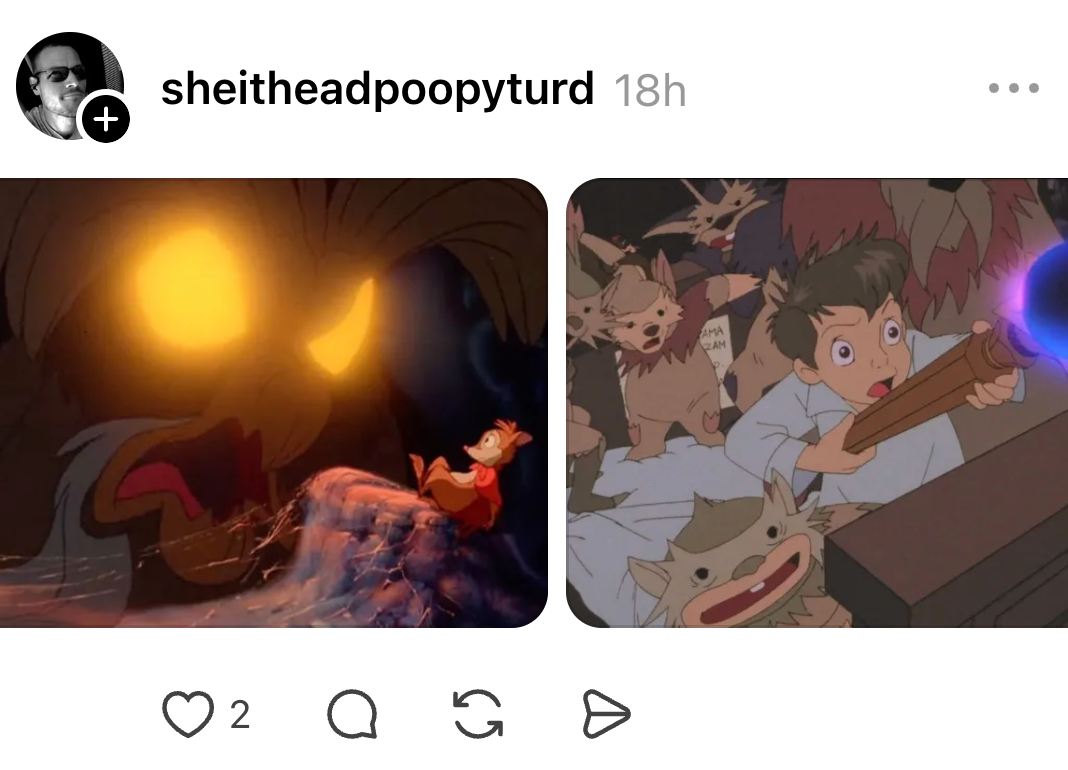 Two anime-style illustrations: Left shows a character near a glowing creature; right, a child holds a bat with creatures looking on