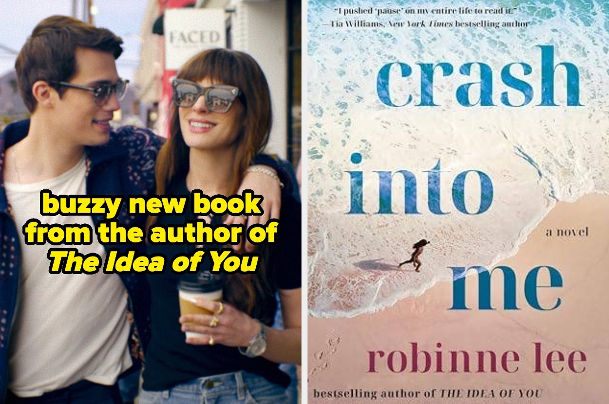 A couple smiling together next to a book cover titled "Crash Into Me" by Robinne Lee, noted as from the author of "The Idea of You."
