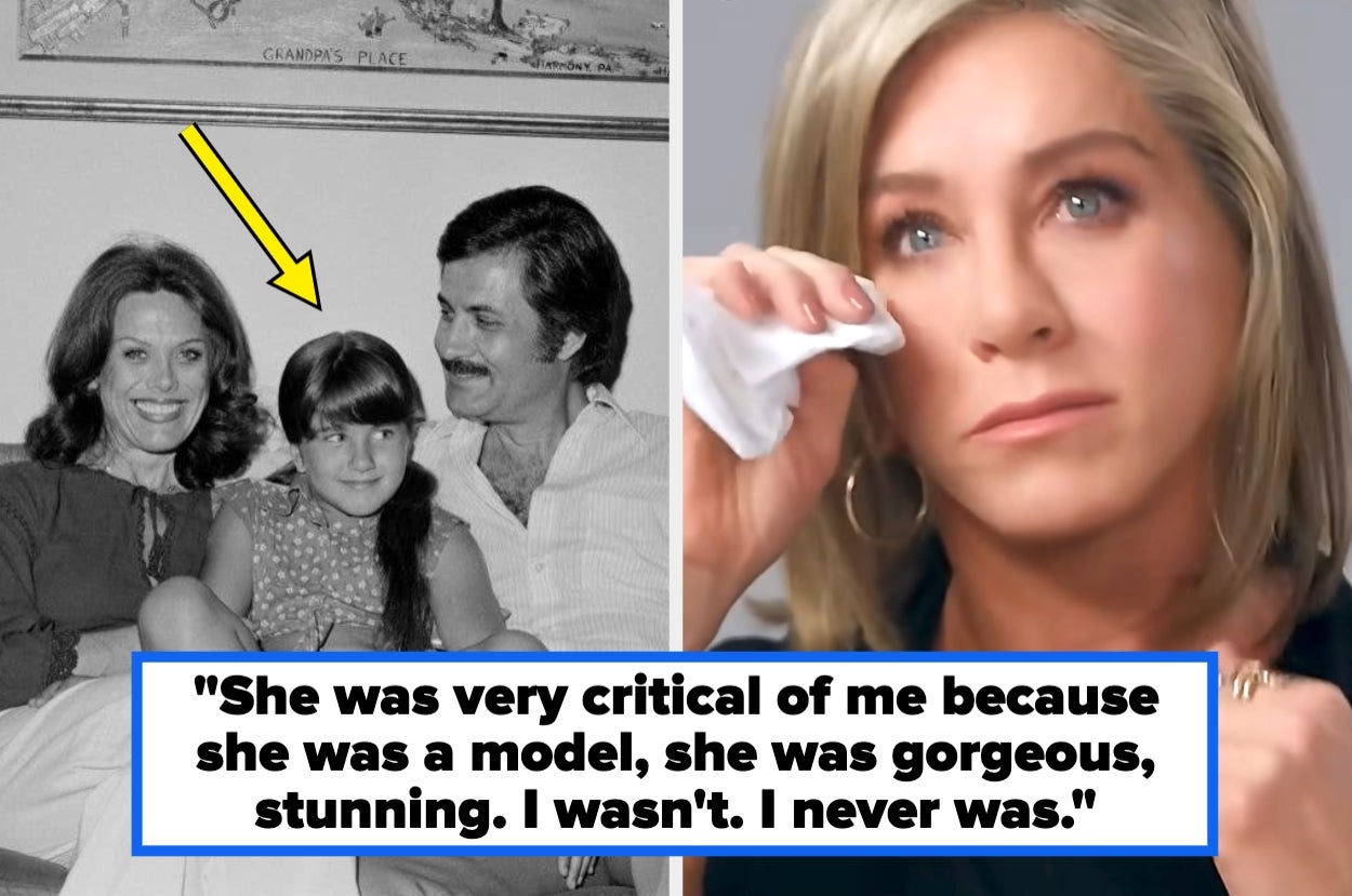 Side-by-side images: A family photo from the past and a woman wiping tears with a tissue. Caption discusses childhood criticism