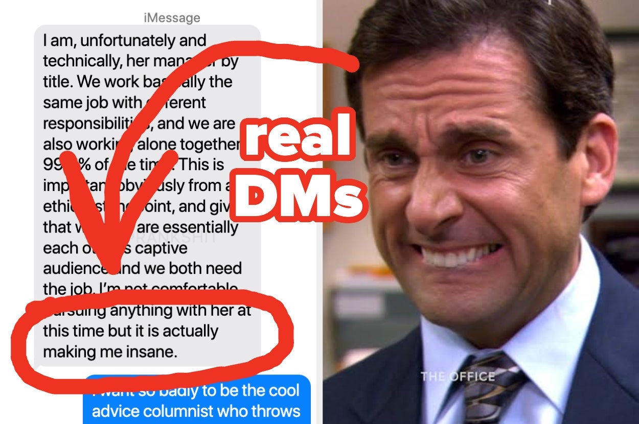 Screenshot of a text message thread with a meme of a character from "The Office" grimacing. Text: "real DMs" with a red arrow