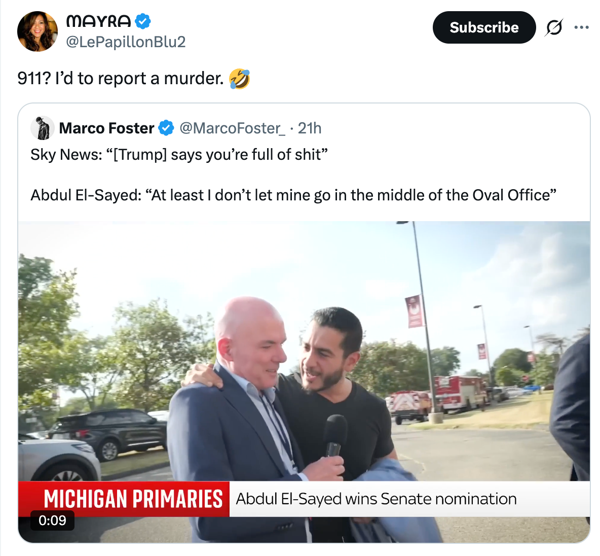 Tweet viser en Sky News-video med en mann som fleiper om å la noen gå i det ovale kontoret. Overskriften lyder