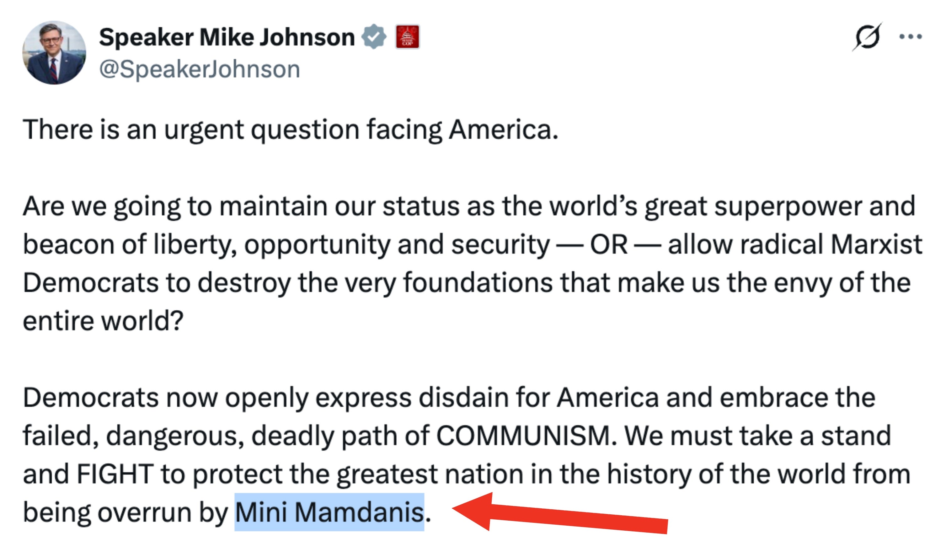 Tweet av høyttaler Mike Johnson stiller spørsmål ved USAs status som supermakt, kritiserer radikale marxistiske demokrater og advarer mot kommunisme
