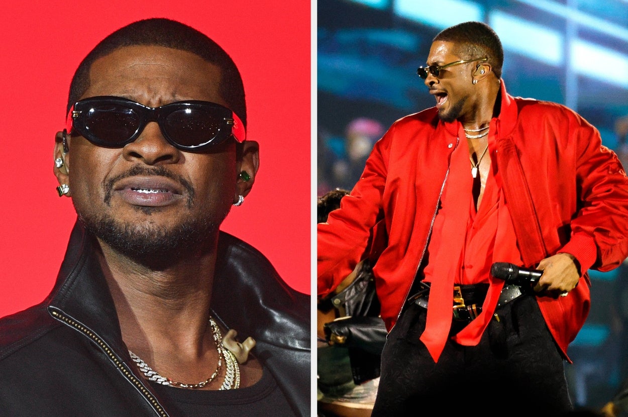 A male celebrity in stylish black leather and sunglasses performs energetically on stage, wearing a red jacket with a microphone in hand
