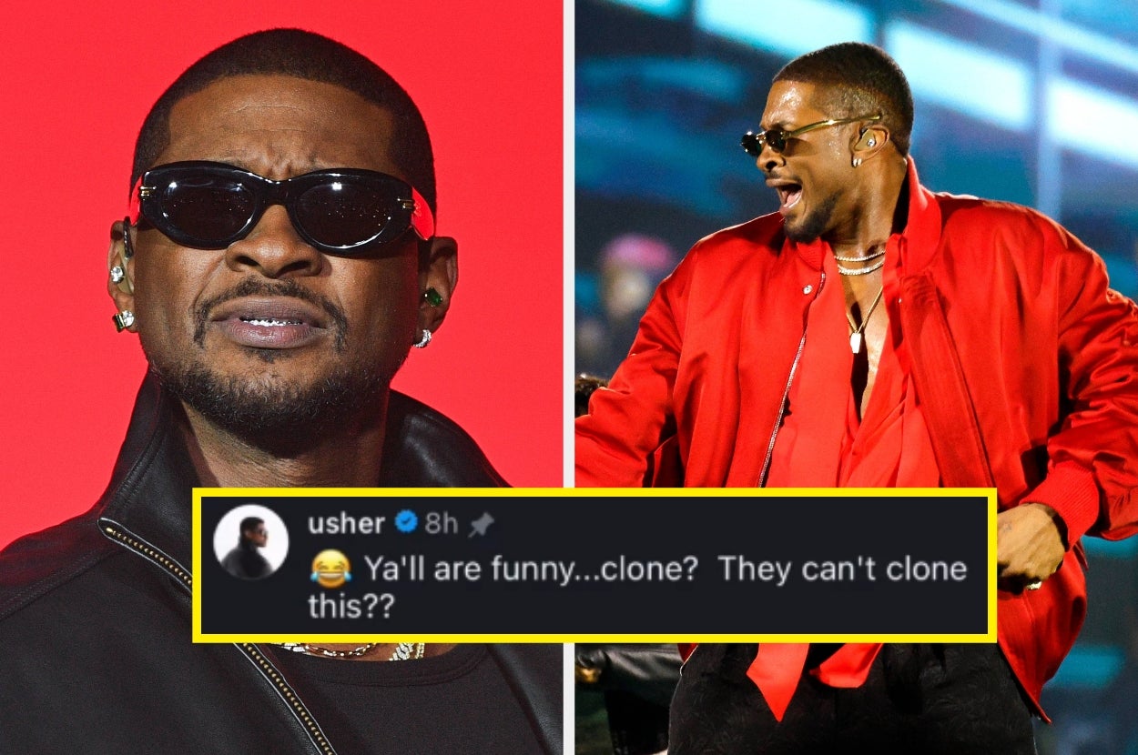 Two images of a man on stage with a bold red jacket and sunglasses, with a caption about humor and cloning in the middle