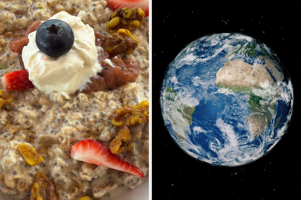 Left: Oatmeal topped with yogurt, blueberries, strawberries, and nuts. Right: Image of Earth from space showing continents and oceans