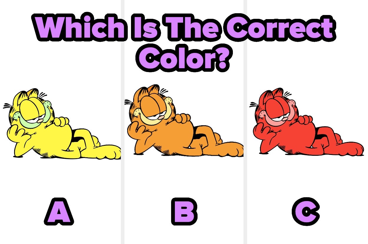 Three Garfield illustrations in yellow, orange, and red. Text asks which is the correct color, options labeled A, B, and C