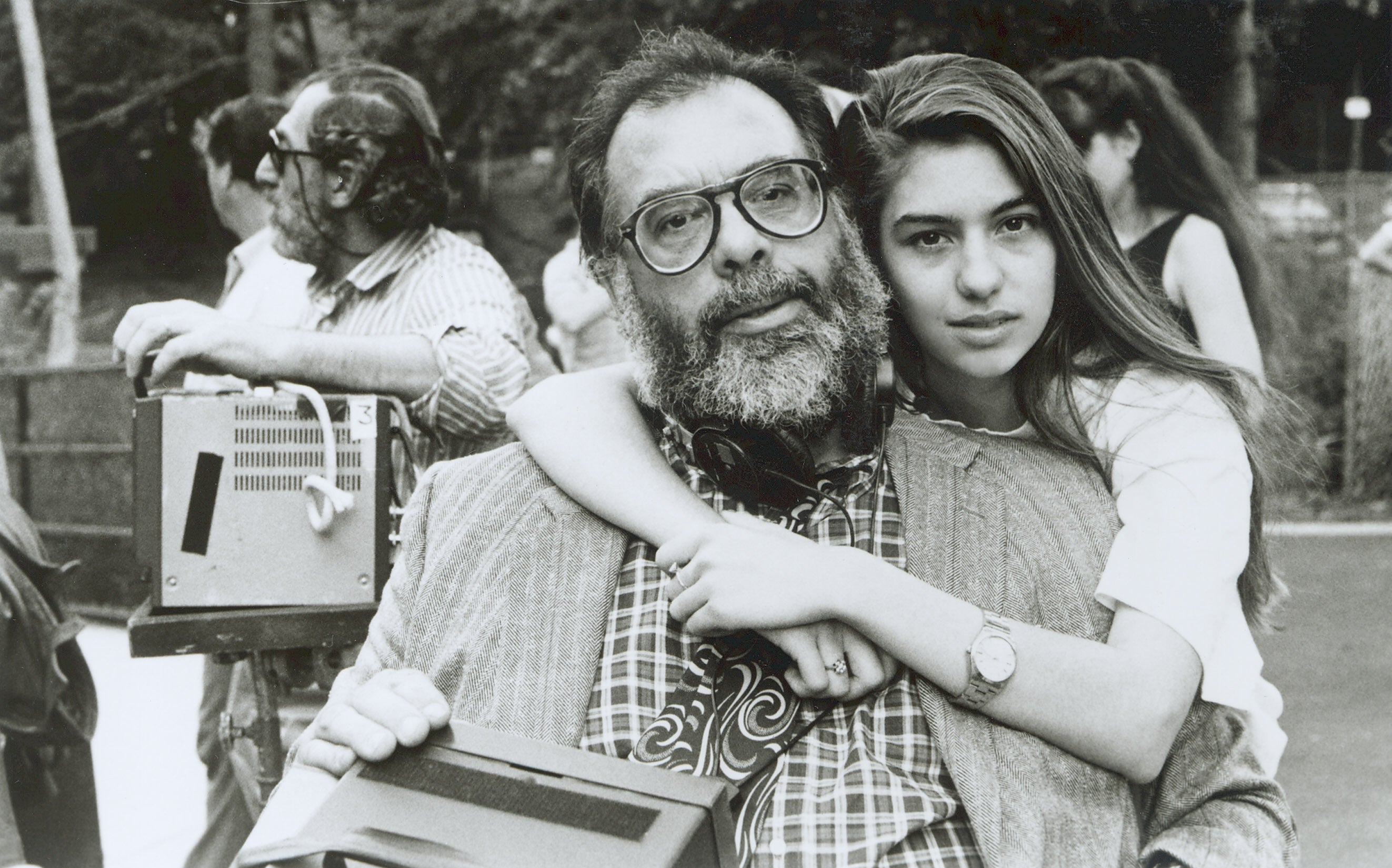 Sofia Coppola hugging her father on a film set