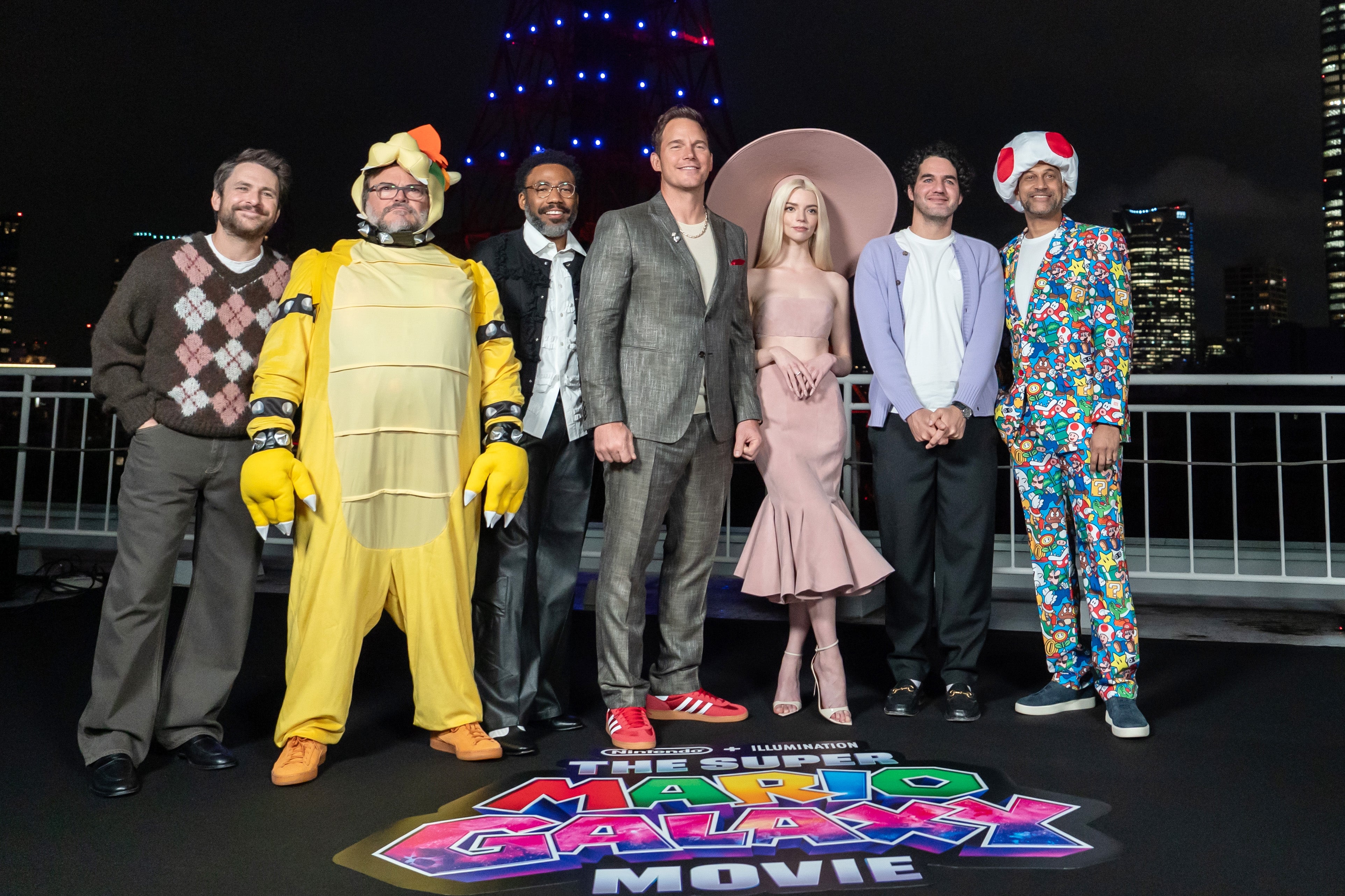 Charlie Day, Jack Black, Donald Glover, Chris Pratt, Anya Taylor-Joy, Benny Safdie and Keegan Michael Key pose for a photo for the Super Mario Galaxy Movie