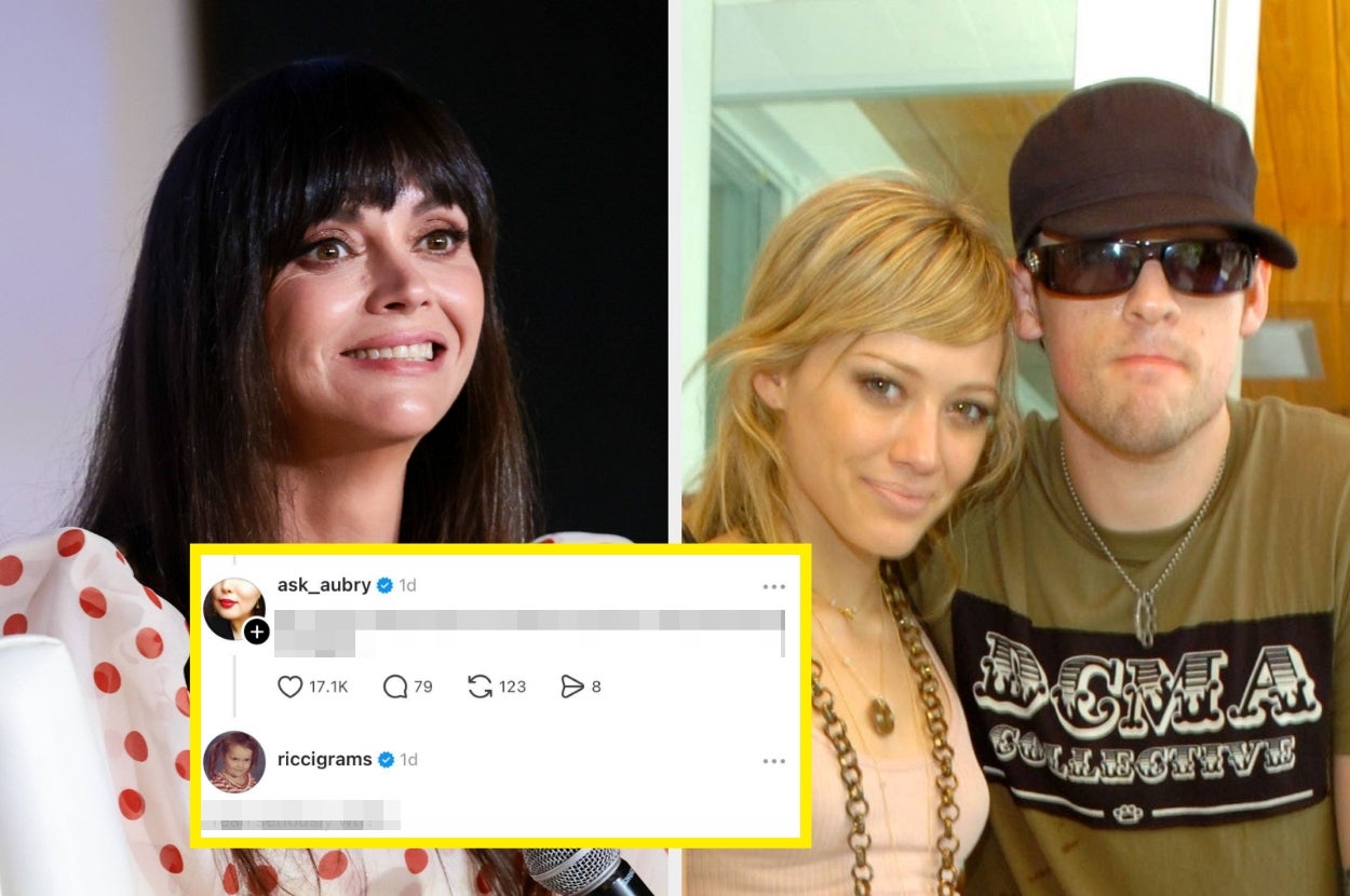 Two images: A person with bangs smiles in one; another shows two people posing together, one in a graphic tee and cap. Comments with engagement stats are shown