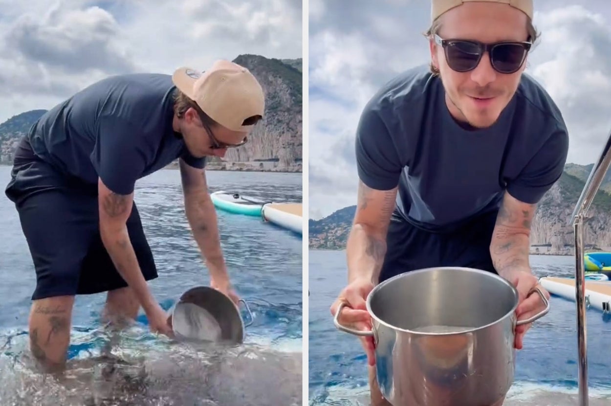 Brooklyn Beckham scooping seawater into a pot