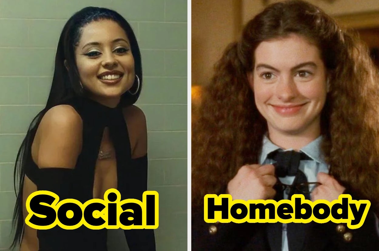 Two images: Left, a person smiling in stylish attire with hoop earrings labeled "Social." Right, a person smiling in a uniform with curly hair labeled "Homebody."