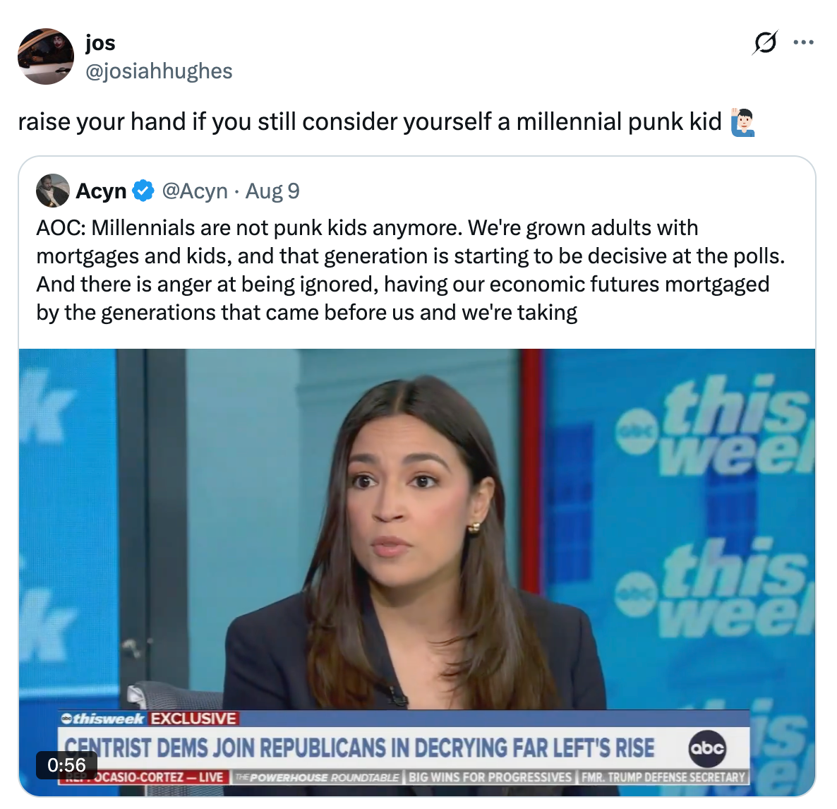 En person på et nyhetsprogram diskuterer hvordan millennials ikke er barn lenger, med fokus på boliglån og generasjonsansvar. Tweet bildetekst vitser om identitet