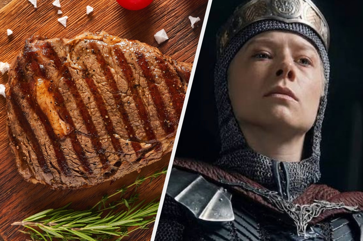 Steak with grill marks next to a person in medieval armor and crown, staring confidently