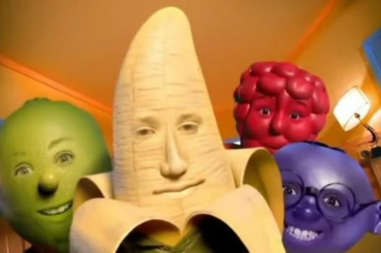 Anthropomorphic banana, apple, grapes, and blueberry characters with human-like features, smiling in a playful setting