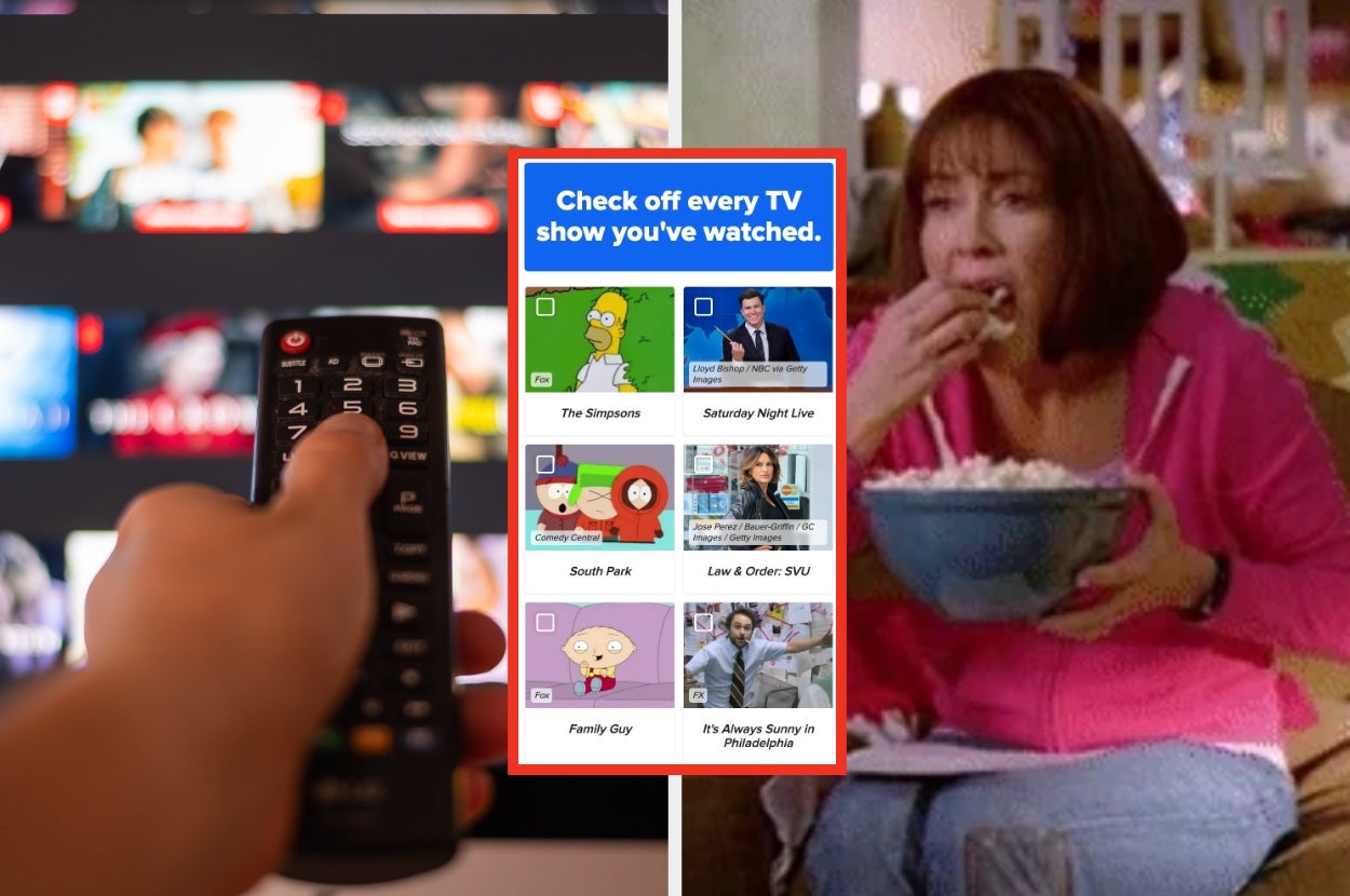 Split image of a person holding a TV remote, a woman eating popcorn, and a screenshot of a quiz question with various TV shows underneath