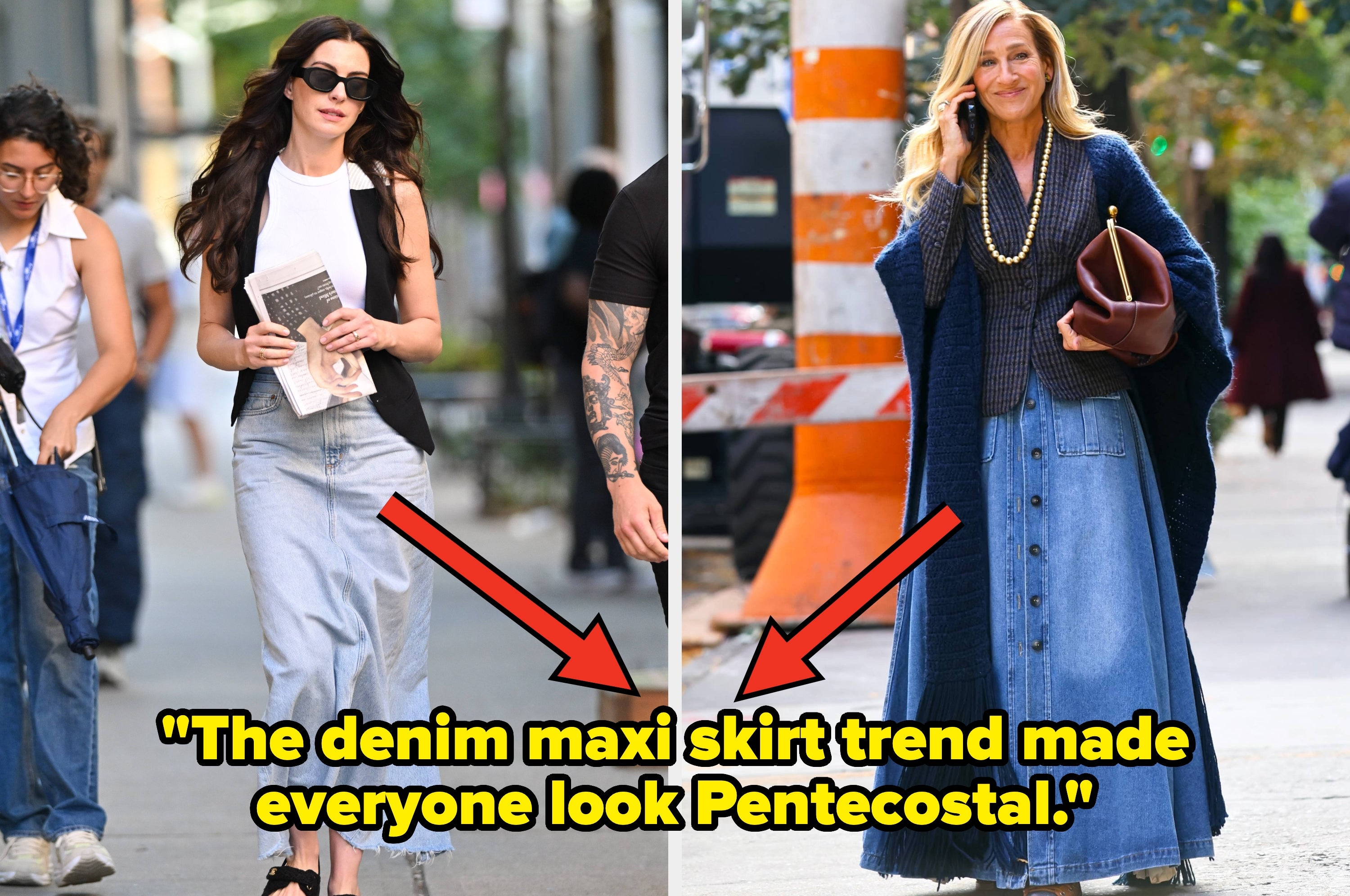 Person walking in a denim maxi skirt and long coat, holding a clutch. Overlay text: "The denim maxi skirt trend made everyone look Pentecostal."