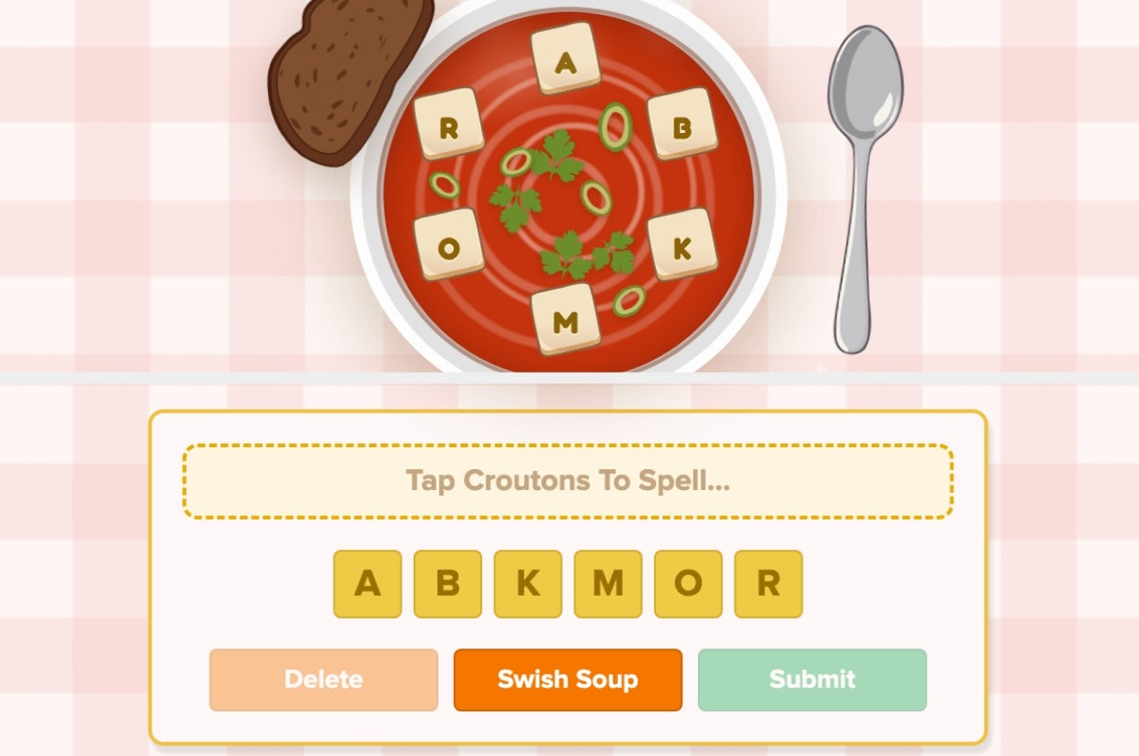 Game screenshot showing lettered croutons in tomato soup to form words. Options: Delete, Swish Soup, Submit